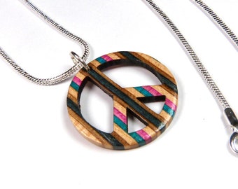 RECYCLED SKATEBOARD Wooden HANDMADE Peace Necklace Jewellery Cool Unusual Gifts RECYCLED SKATEBOARD Wooden HANDMADE Peace Necklace Jewellery Cool Unusual Gifts