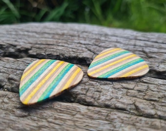 Pair of Handmade Recycled Skateboard Guitar Plectrums, Personalised Engraving, Yellow & Blue, Gift Boxed, Playable and Collectable