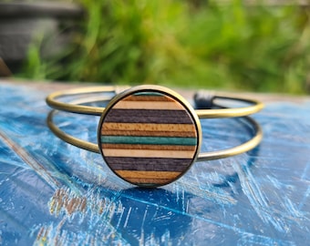 Recycled Skateboards, Wood Cuff Bracelet, Wooden Bangle, Women's Gifts, Skateboard Bracelet, Wooden Cuff Jewelry, Metal Bangle, Colourful
