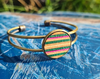 Recycled Skateboards, Wood Cuff Bracelet, Wooden Bangle, Women's Gifts, Skateboard Bracelet, Wooden Cuff Jewelry, Metal Bangle, Colourful