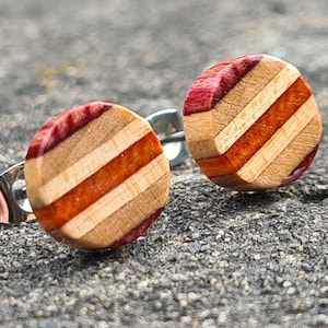 Recycled Skateboards, Wooden Studs, Cool Earrings, Round Stud Earrings, Wooden Earrings, Stud Earrings, Wood Earrings Stud, Colourful