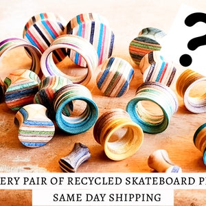 MYSTERY Recycled Skateboards PAIR of PLUGS, Plugs and Tunnels, Ear Gauge, Wooden Plug, Wood Tunnel, Wooden Plugs, Wood Tunnels,