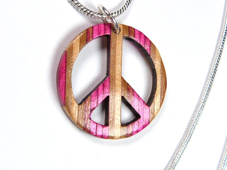 Recycled Skateboards, Peace Sign Necklace, Wooden Jewellery, Unique Gifts, Boho Hippy Necklace, Wood Peace Sign, Hippie Gifts, Peace Symbol image 2