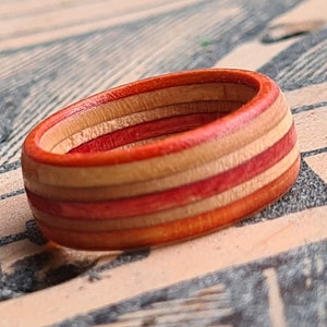 Quality Recycled Skateboard Wooden Band Ring, Orange & Red Coloured Layers, Handmade to Order, Any size, Engraving, Satin gift Pouch