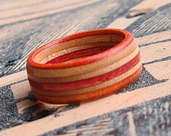 Quality Recycled Skateboard Wooden Band Ring, Orange & Red Coloured Layers, Handmade to Order, Any size, Engraving, Satin gift Pouch