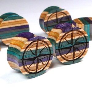 Recycelte Skateboards, 16mm (5/8&quot;) Plugs, Navigation Kompass, Plugs und Tunnel, Ohrstöpsel, Holz Plug, Holz Plugs, Holztunnel, Gauges
