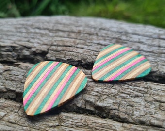 Pair of Handmade Recycled Skateboard Guitar Plectrums, Personalised Engraving, Blue & Black, Gift Boxed, Playable and Collectable