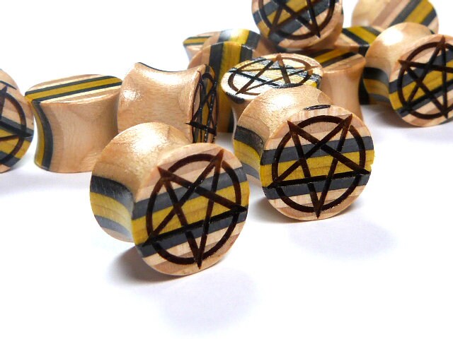 Planches à roulettes recyclées, bouchons de 12 mm (1/2 po), pentagramme, bouchons et tunnels, jauge d'oreille, bouchon en bois, tunnel en bois, boucho