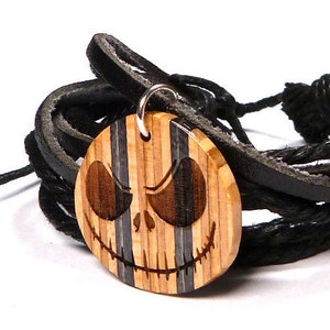 Recycled Skateboards, Jack Skellington, Wood Jewellery, Mens Women's Gifts, Halloween Jack, Wooden Cord Bracelet, Black Bracelet image 1