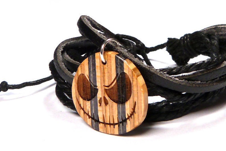 Recycled Skateboards, Jack Skellington, Wood Jewellery, Mens Women's Gifts, Halloween Jack, Wooden Cord Bracelet, Black Bracelet image 1