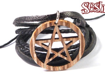 Recycled Skateboards, Pentacle Bracelet, Unique Gifts, Spiritual Protection, Mens Women's Gifts, Pentagram Bracelet, Wooden Cord Bracelet