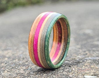 Beautiful Handmade Wooden Recycled Skateboard Band Ring, Any Size, Green, Grey & Pink, Satin Gift Pouch, Engraving Options, Beautiful Gift