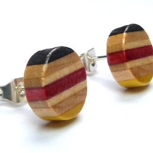 Recycled Skateboards, Wooden Studs, Cool Earrings, Round Stud Earrings, Wooden Earrings, Stud Earrings, Wood Earrings Stud, Colourful