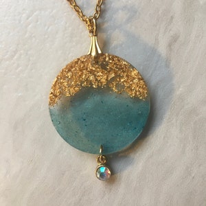 Gold and Aqua Resin Crystal Drop Pendant Necklace