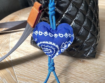 BAG CHARM- Bandana Heart (Royal blue), gold keychain