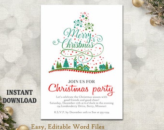 Christmas Party Invitation Template - Printable Christmas Tree - Holiday Party Card - Christmas Card - Editable Template - Green - Red - DIY