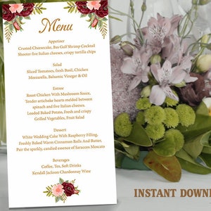 Menú de boda con flores de acuarela Plantilla de menú de boda Tarjetas de menú Menú imprimible Menú de cena de boda Menú editable Descarga de menú Menú dorado DIY DG81