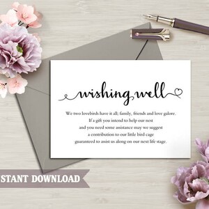 Wishing Well Card, Wedding Wishing Well Wishing Well Printable, Wishing Well Bridal Shower Wedding Insert Heart Script Wishing Well Template