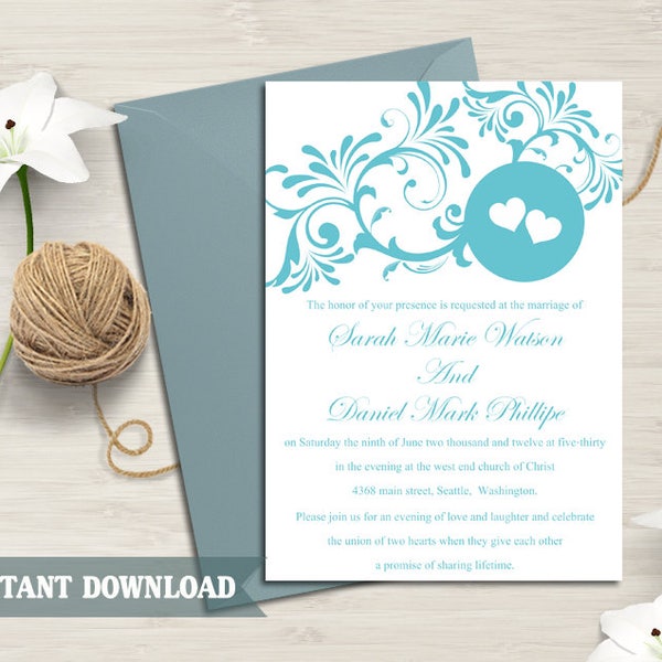 Wedding Invitation Template Download Printable Wedding Invitation Editable Blue Wedding Invitation Heart Invites Elegant Turquoise DIY- DG15