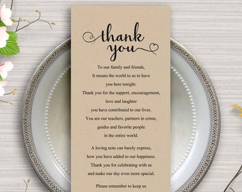 Printable Thank You Place Card, Wedding Thank You Card Template, Table Sign, Instant Download Editable Card, Heart Script Thank You Card DIY