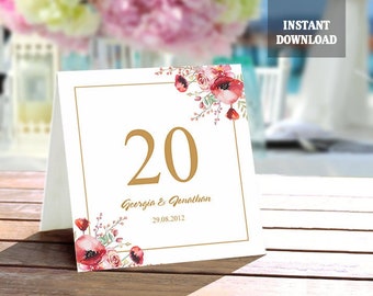 Printable Table Numbers Wedding Table Card Template DIY Watercolor Floral Table Sign Red Gold Wedding Table Number Table Card Download DG83