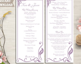 Wedding Program Template DIY Editable Word File Instant Download Program Lavender Wedding Program Purple Program Printable Program 4x9.25