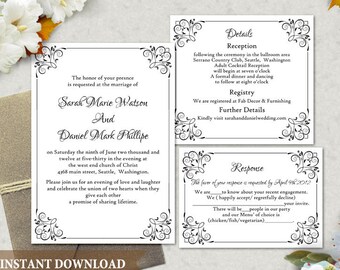 Wedding Invitation Template Download Printable Wedding Invitation Editable Invitation Black Invitation Elegant Floral Wedding Cards DIY DG05