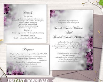 Wedding Invitation Template Download Printable Wedding Invitation Boho Wedding Invitation Eggplant Wedding Invitation Floral Cards DIY- DG36