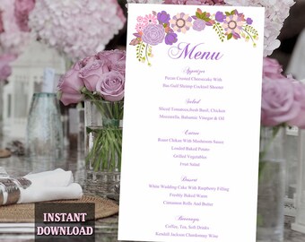 Wedding Menu Template DIY Menu Card Template Editable Text Word File Instant Download Purple Menu Floral Menu Template Printable Menu 4x7"