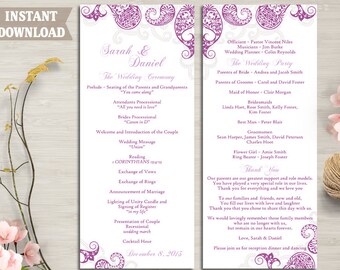 Wedding Program Template, Printable Bollywood Wedding Program DIY Eggplant Indian Paisley Program Purple Card Editable Text Instant Download