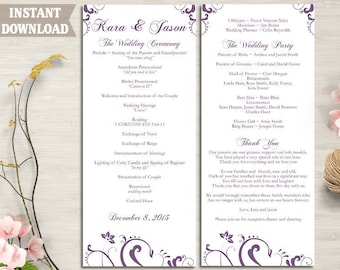 Wedding Program Template DIY Editable Word File Instant Download Program Eggplant Program Purple Floral Program Printable Program 4x9.25