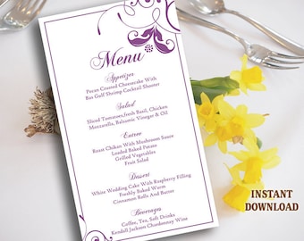 Wedding Menu Template DIY Menu Card Template Editable Text Word File Instant Download Eggplant Menu Floral Menu Template Printable 4x7inch