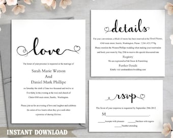 Wedding Invitation Template Download Printable Wedding Invitation Editable Black & White Invitation Elegant Heart Invitation Love DIY- DG68