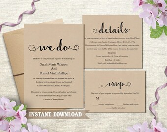 We Do Wedding Invitation Template, Printable Wedding Invitation Set Burlap Rustic Script Invitation Heart Cards DIY Editable Download- DG68