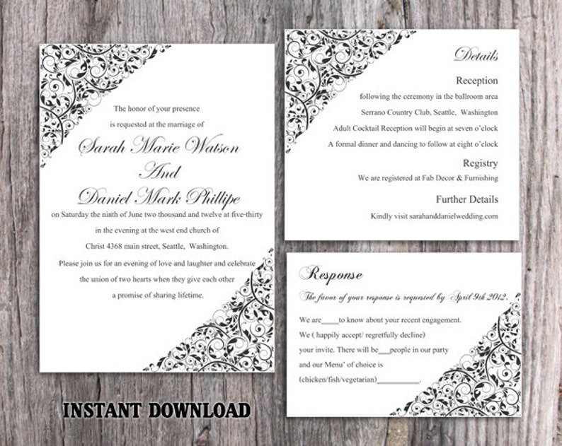 Wedding Invitation Template Download Printable Wedding Invitation Editable Invitation Floral Invitation Black Invitation Elegant DIY DG09 image 1