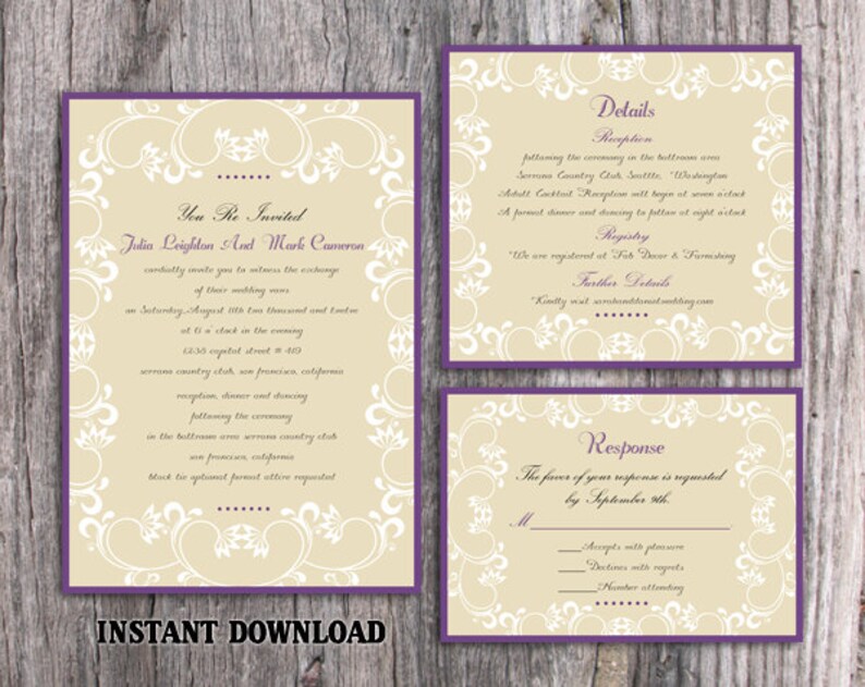 Wedding Invitation Template Download Printable Invitations Editable Eggplant Wedding Invitations Elegant White Invitation Purple DIY DG01