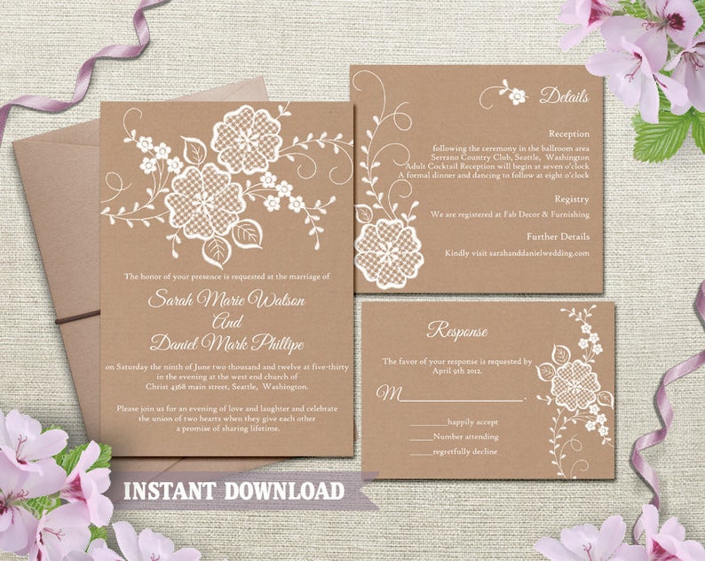 Lace Wedding Invitation Template Download Printable | Etsy