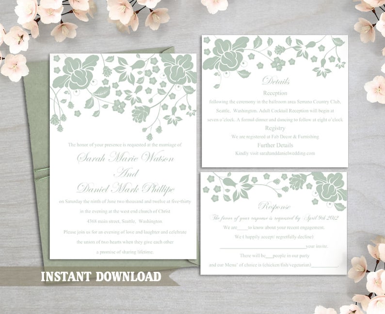 DG19 Wedding Invitation Template Download Printable Invitations Editable Invitation Green Wedding Invitation Floral Boho Wedding Invite DIY