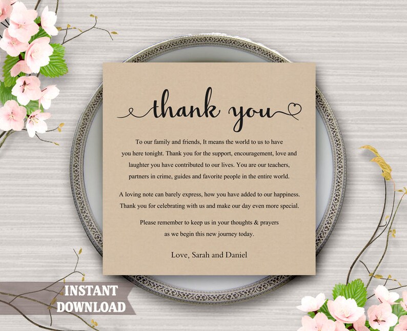 Printable Thank You Place Card, Wedding Thank You Card Template,