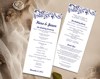 Wedding Program Template, DIY Printable Wedding Program, Minimal Ceremony Program, White Purple Script Midnight Blue Swirl Program Card TD14