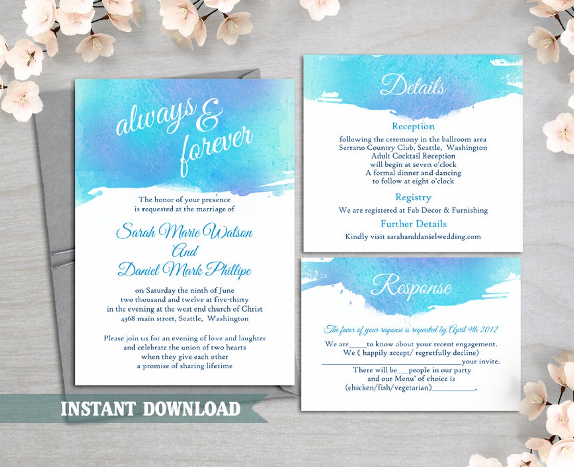 Watercolor Wedding Invitation Template Download Printable - Etsy