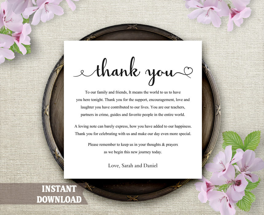 Printable Thank You Place Card Wedding Thank You Card Etsy