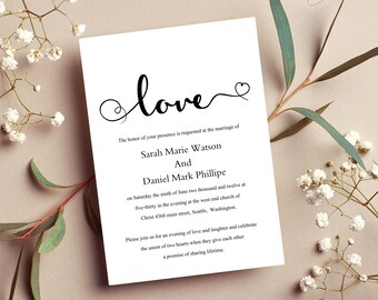 Wedding Invitation Template Download,  Printable Printable Wedding Invite,  Editable Black & White Invite DIY,  Elegant Heart Love Script