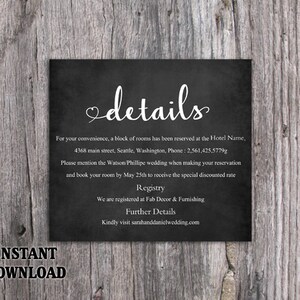 Kaartsjabloon DIY-huwelijksdetails Download afdrukbare kaart met bruiloftdetails Bewerkbare schoolborddetails Kaart hartdetails Kaartbijsluiter