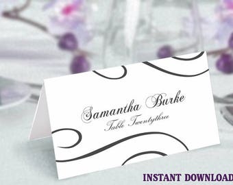 Printable Place Cards Wedding Place Card Template Elegant Black White Card Swirl Escort Card DIY Editable Tented Place Card Instant Download