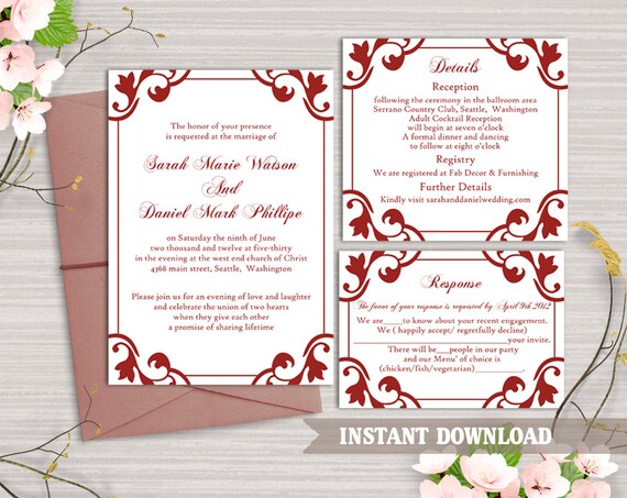 wedding invitation template download printable wedding invitation editable invitation wine red invitations elegant wedding invites diy dg32 wedding invite template download