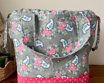 Knitting Project Bag/Crochet project bag/Large Drawstring Bag/Drawstring bag with handles/A Cat Named Stitch/Camille Roskelley