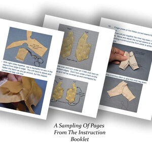 May include: A sampling of pages from an instruction booklet, featuring close-up images of sewing techniques. The pages show fabric pieces, scissors, and diagrams with text. The booklet's title is displayed at the bottom.