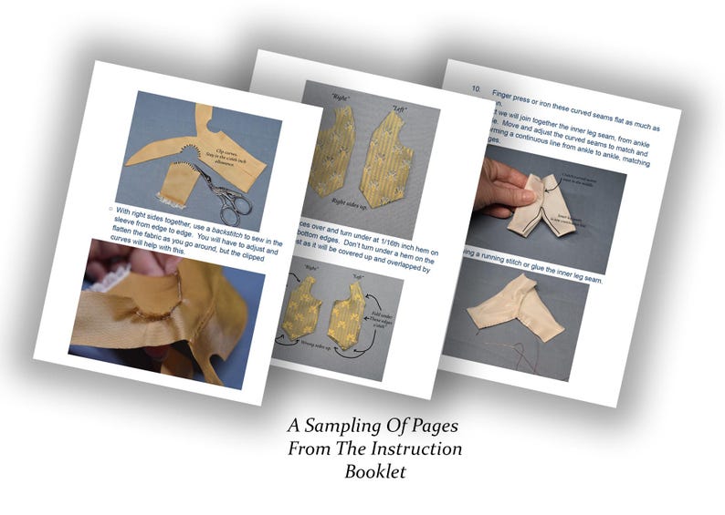 May include: A sampling of pages from an instruction booklet, featuring close-up images of sewing techniques. The pages show fabric pieces, scissors, and diagrams with text. The booklet's title is displayed at the bottom.