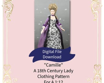 Poppenhuispoppenkledingpatroon in schaal 1:12, pdf digitale download: 'Camille' 18e-eeuwse dame